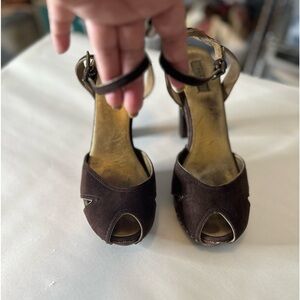 Prada women's brown suede ankle strap platform sandal Size 8/8.5